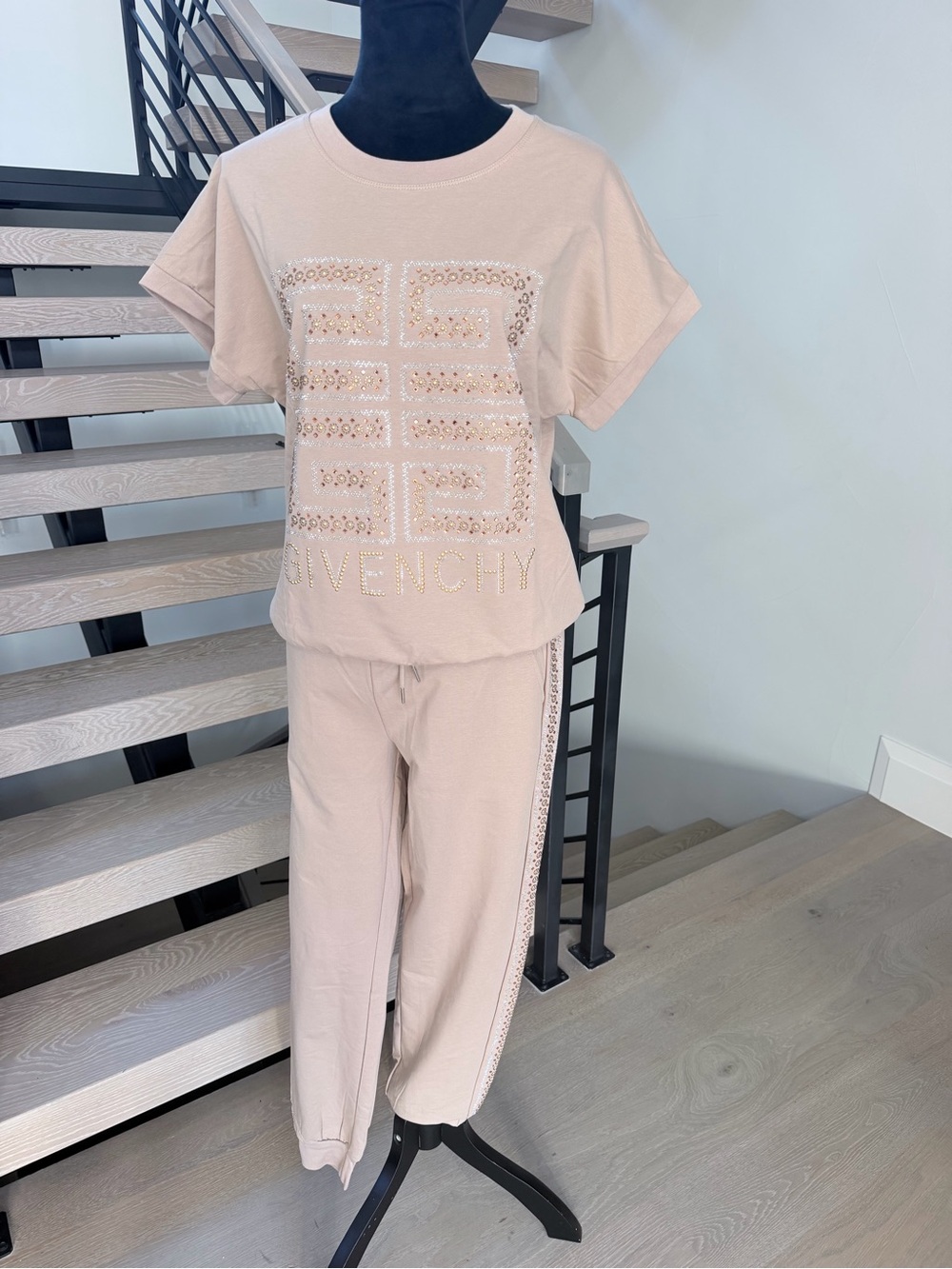 Beige Sequin Logo Lounge Set size S